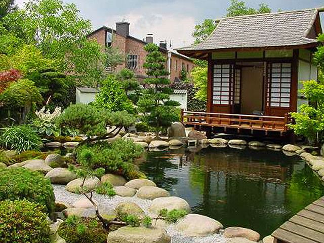 Дом и пруд на участке в японском стиле
